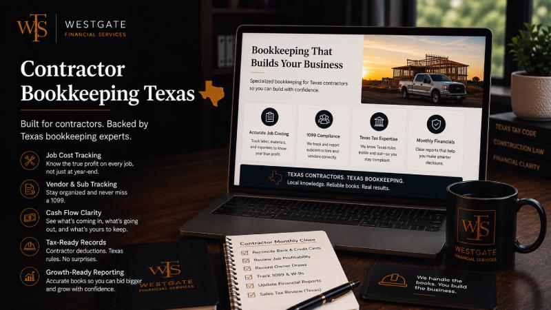 Texas specialty contractor reviewing job cost reports and QuickBooks records in a site office — representing construction bookkeeping complexity