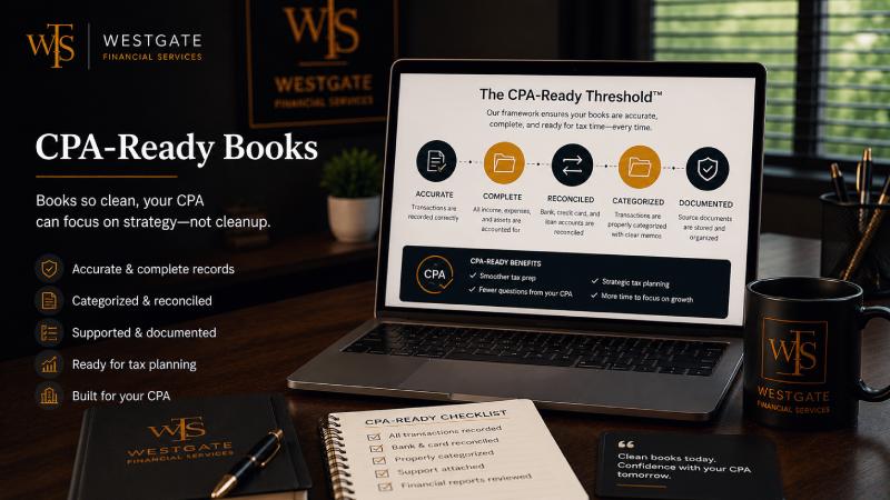Organised, reconciled financial records ready for CPA review and tax filing — illustrating what CPA-ready books look like in practice