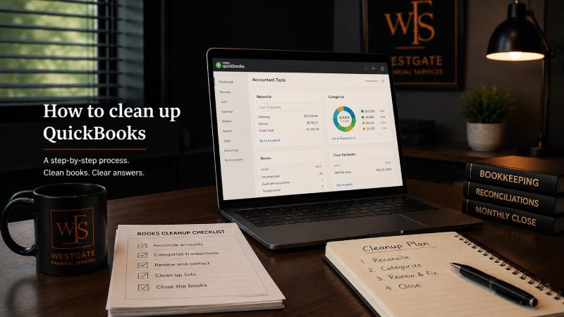 QuickBooks Online open alongside organised financial records representing the sequential cleanup process performed by WestgateFS