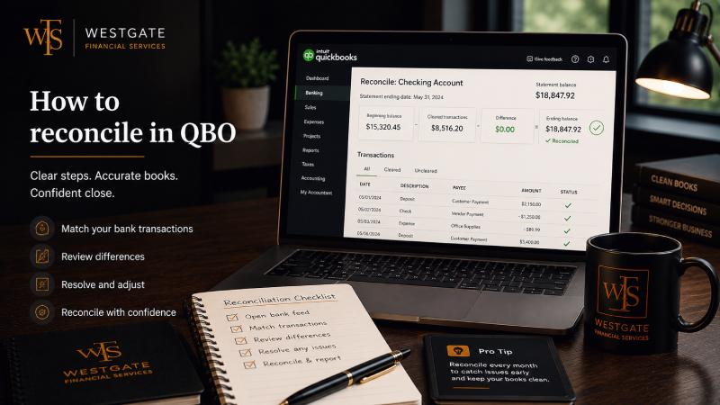 QuickBooks Online reconciliation interface shown next to printed bank statements representing the monthly reconciliation process
