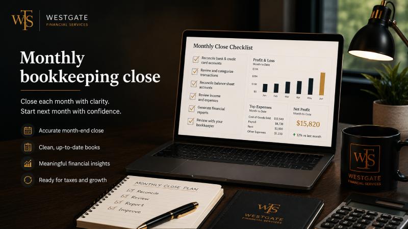 Financial calendar and organised monthly close records on a professional bookkeeper's desk representing the structured monthly close process