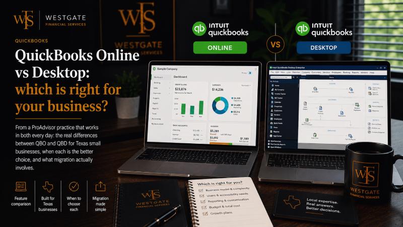 QuickBooks Online and QuickBooks Desktop side-by-side comparison illustration for Texas small business decision-making