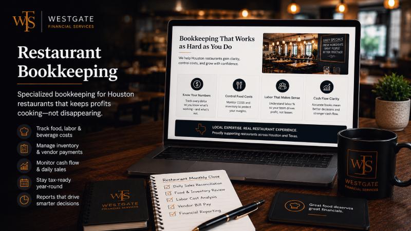 Restaurant financial records and QuickBooks open on a desk in a Houston Texas restaurant back office — representing restaurant bookkeeping complexity