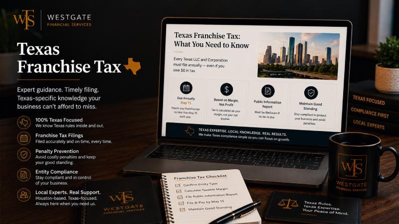 Financial records on a desk alongside Texas business documents — representing the Texas Margin Tax franchise tax and its relationship to accurate bookkeeping